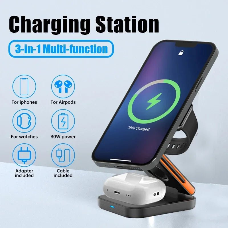 Station de Charge Sans Fil 3-en-1 Pliable Magnétique 30W iPhone - NGSHOP-ONE