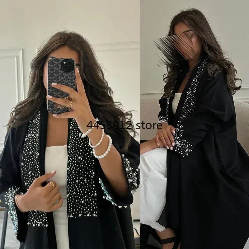 Abaya Dubaï Ouverte Noire avec Strass Style Kimono - NGSHOP-ONE