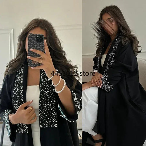 Abaya Dubaï Ouverte Noire avec Strass Style Kimono - NGSHOP-ONE
