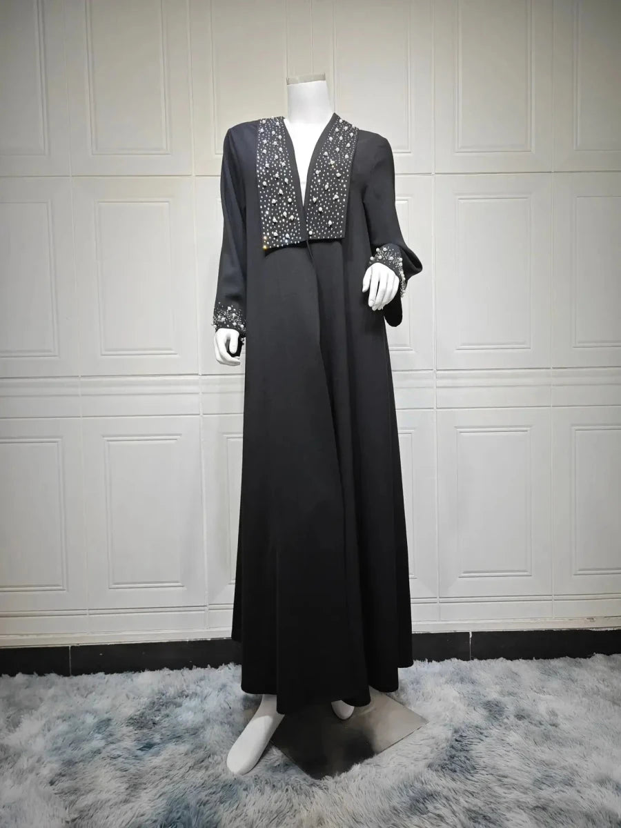 Abaya Dubaï Ouverte Noire avec Strass Style Kimono - NGSHOP-ONE