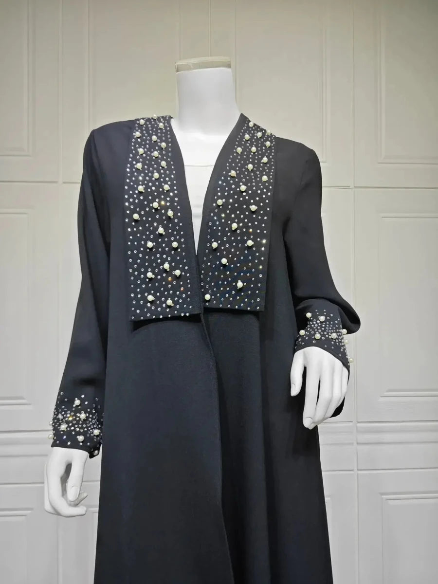 Abaya Dubaï Ouverte Noire avec Strass Style Kimono - NGSHOP-ONE