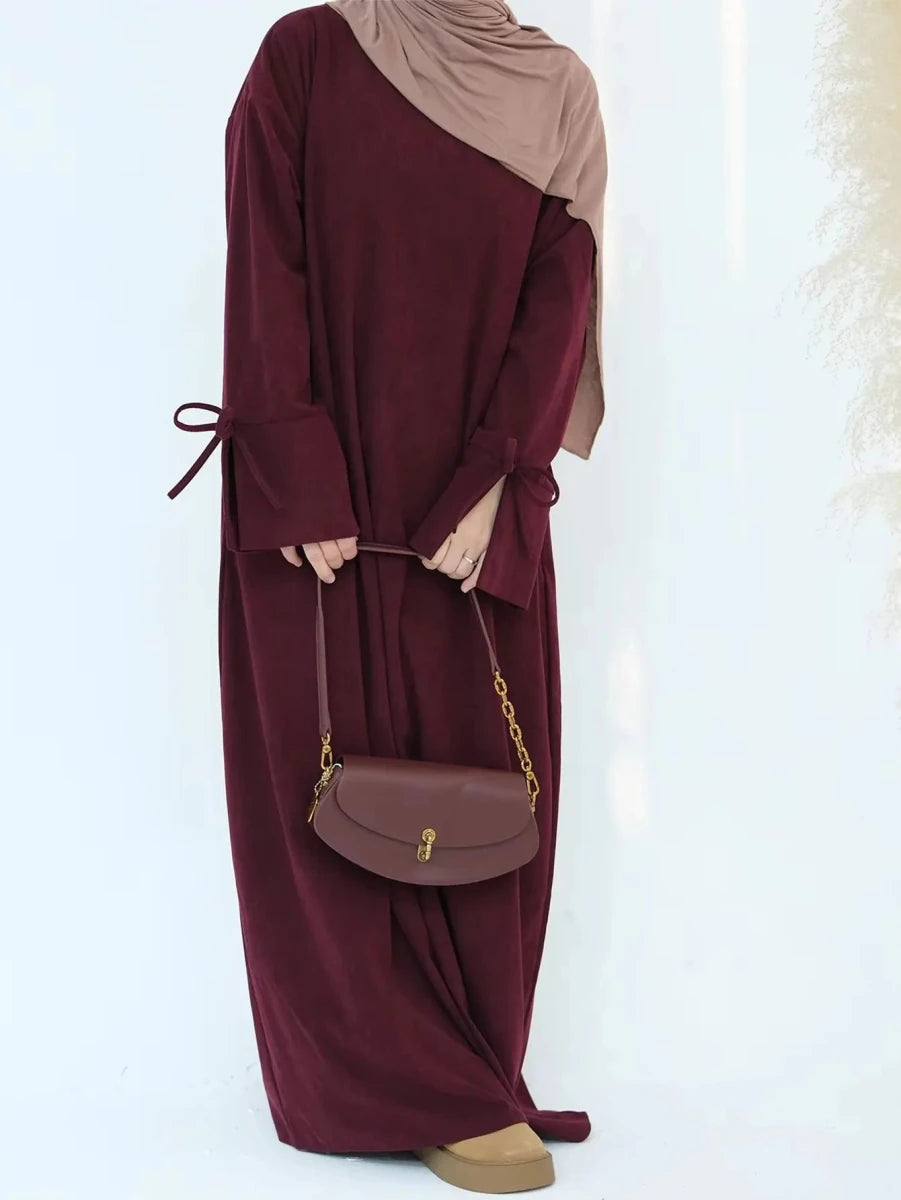 Abaya en velours côtelé d'hiver à nœud papillon pour femmes - NGSHOP-ONE