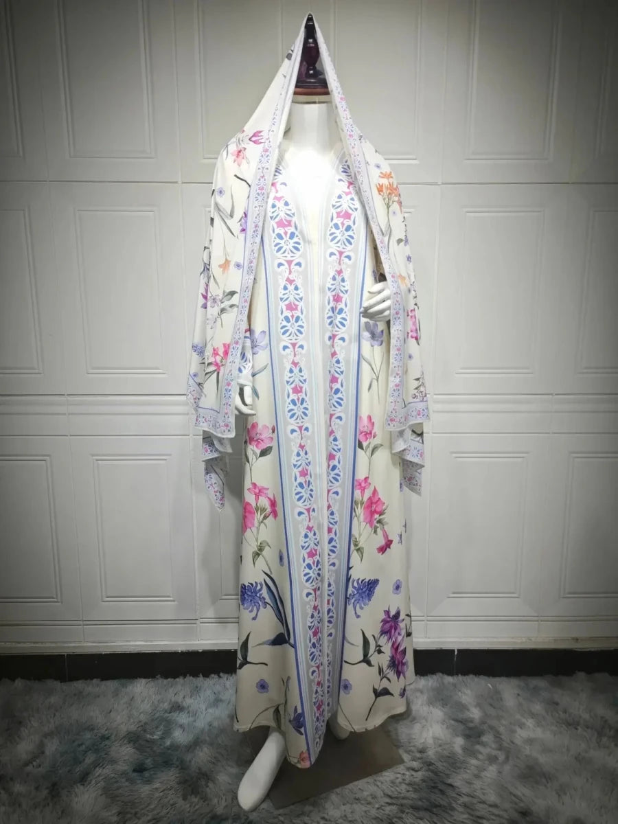 Abaya Longue Femme Imprimé Fleuri Cardigan Ouvert avec Foulard - NGSHOP-ONE