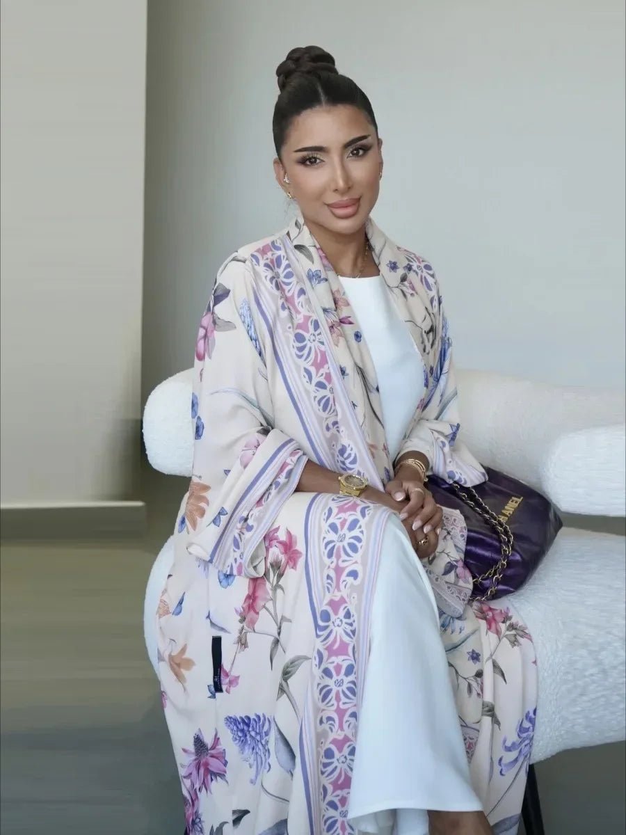 Abaya Longue Femme Imprimé Fleuri Cardigan Ouvert avec Foulard - NGSHOP-ONE