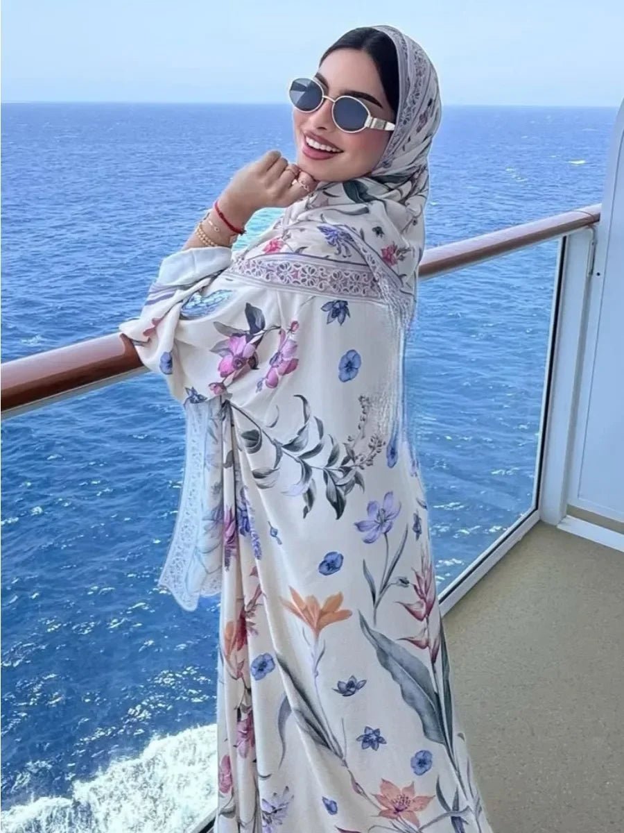 Abaya Longue Femme Imprimé Fleuri Cardigan Ouvert avec Foulard - NGSHOP-ONE