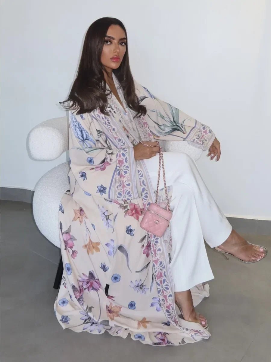 Abaya Longue Femme Imprimé Fleuri Cardigan Ouvert avec Foulard - NGSHOP-ONE