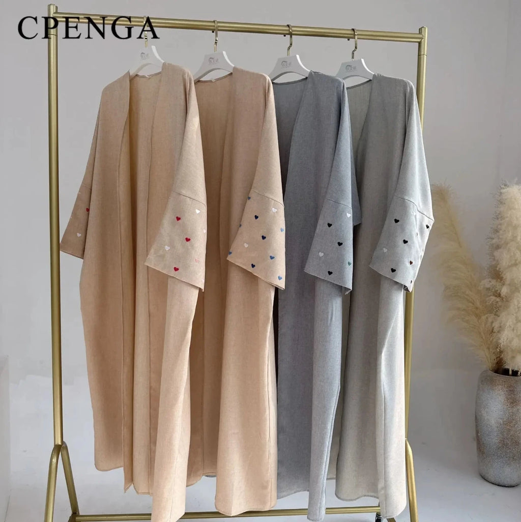 Abaya Ouverte avec Broderie Cœur pour Femme Kimono Élégant - NGSHOP-ONE