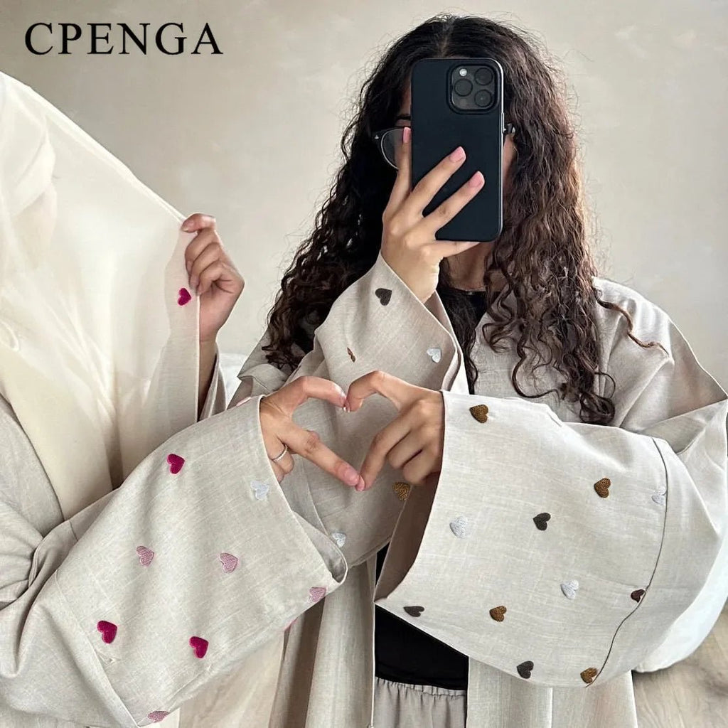 Abaya Ouverte avec Broderie Cœur pour Femme Kimono Élégant - NGSHOP-ONE