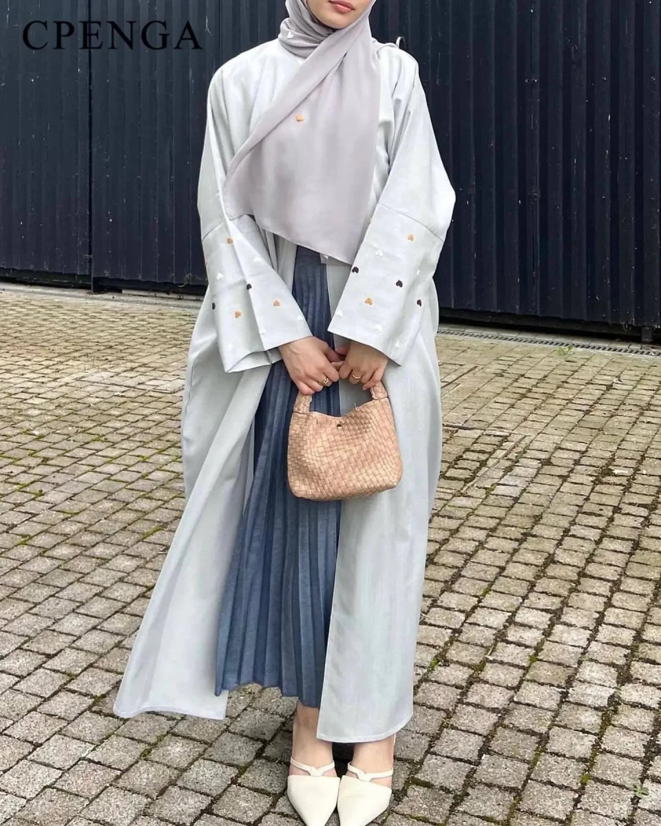 Abaya Ouverte avec Broderie Cœur pour Femme Kimono Élégant - NGSHOP-ONE