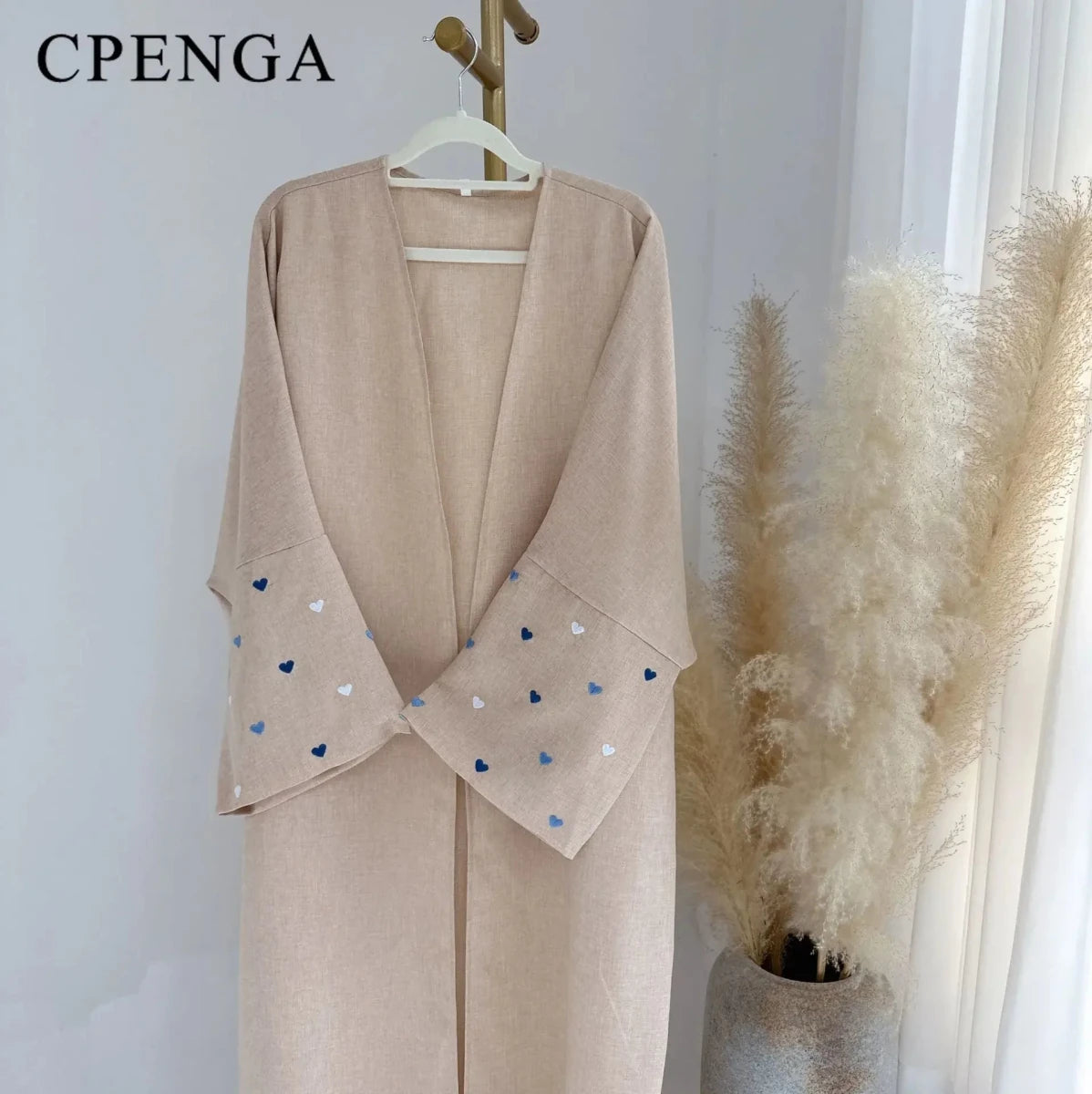 Abaya Ouverte avec Broderie Cœur pour Femme Kimono Élégant - NGSHOP-ONE