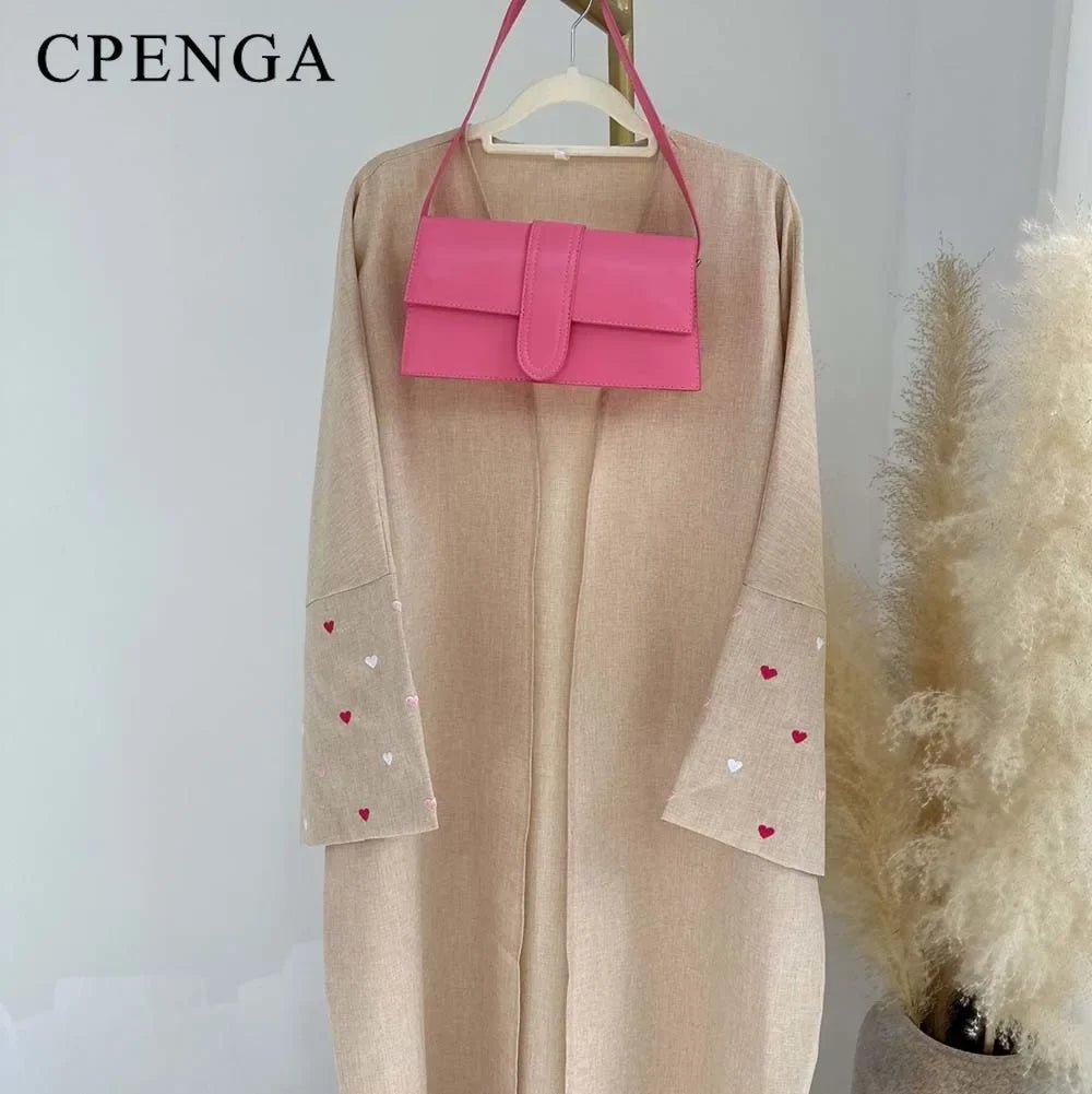 Abaya Ouverte avec Broderie Cœur pour Femme Kimono Élégant - NGSHOP-ONE