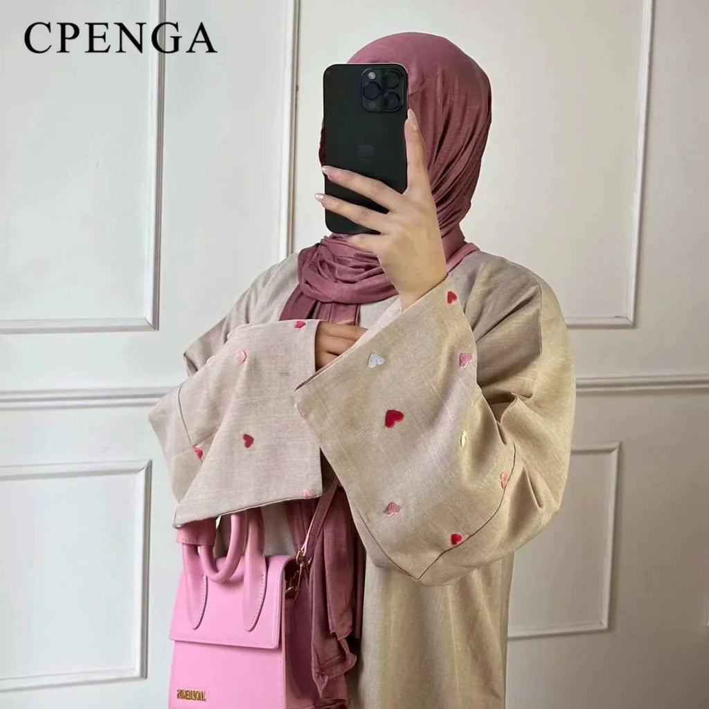 Abaya Ouverte avec Broderie Cœur pour Femme Kimono Élégant - NGSHOP-ONE