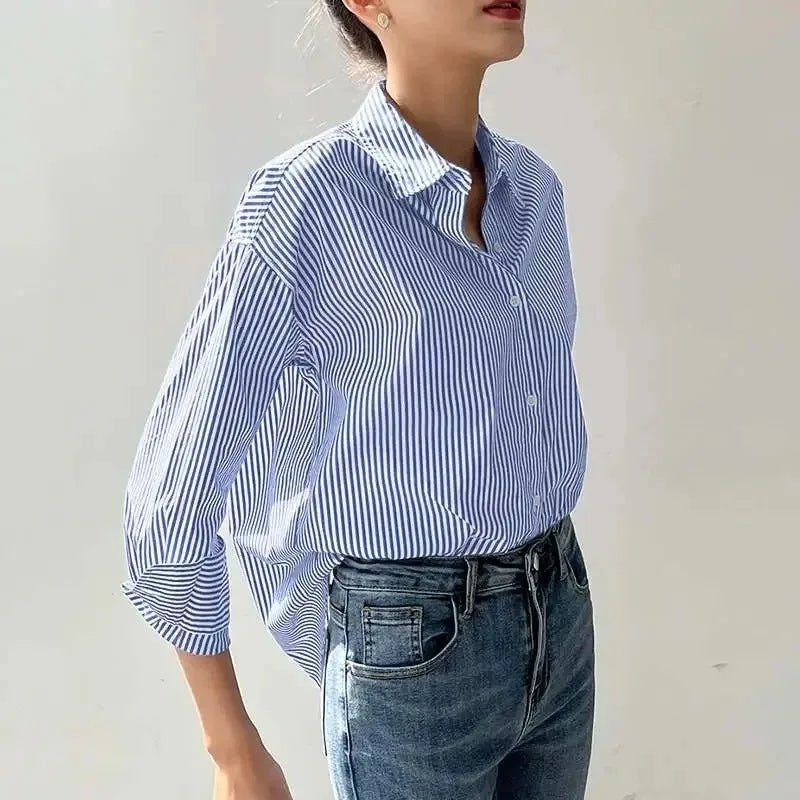 Blouses et hauts d'été pour femmes, style printemps-été, manches longues, rayures bleues, revers - NGSHOP-ONE