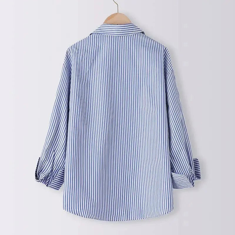 Blouses d'été pour femmes, manches longues, rayures bleues, revers - NGSHOP-ONE