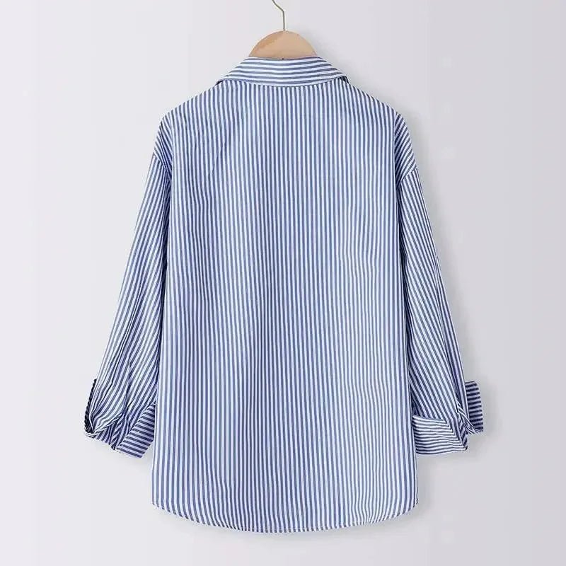 Blouses et hauts d'été pour femmes, style printemps-été, manches longues, rayures bleues, revers - NGSHOP-ONE