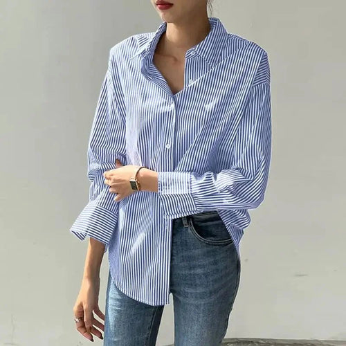 Blouses d'été pour femmes, manches longues, rayures bleues, revers - NGSHOP-ONE