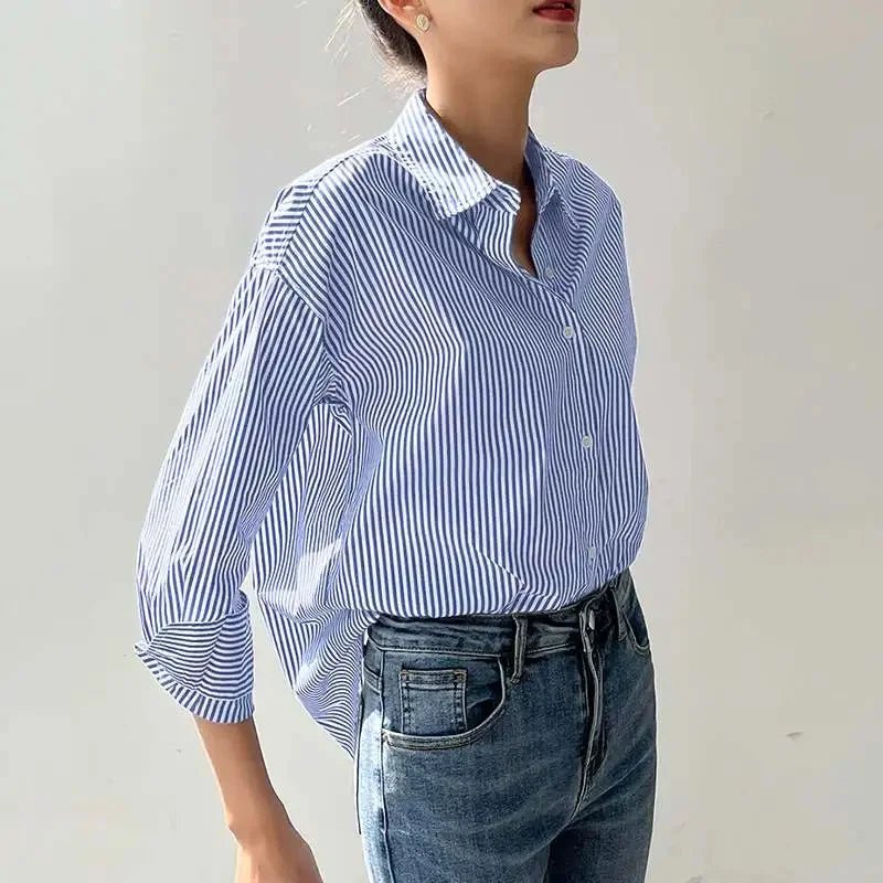 Blouses d'été pour femmes, manches longues, rayures bleues, revers - NGSHOP-ONE
