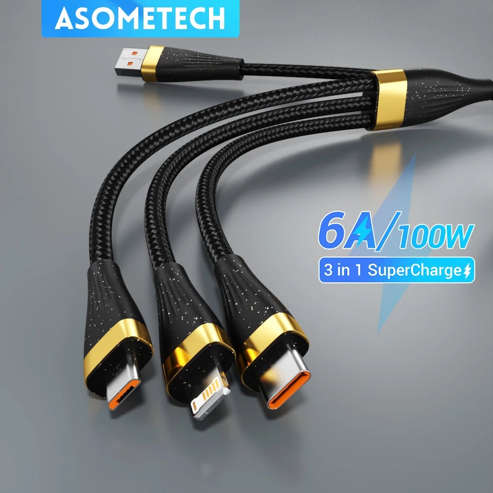 Câble de Charge ASOMETECH 3-en-1 100W 6A pour USB-C Micro iPhone - NGSHOP-ONE