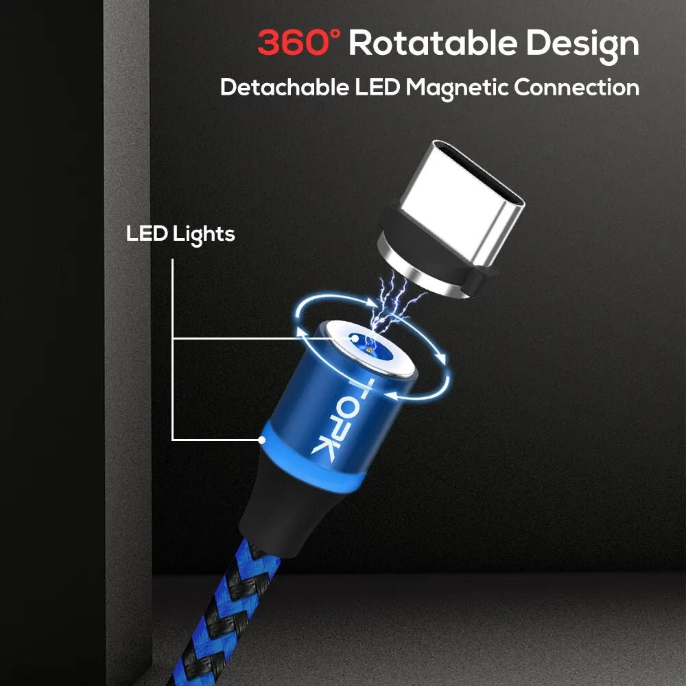 Câble de charge magnétique 3 en 1, rotation à 360°, avec voyant LED, compatible micro USB et USB-C. - NGSHOP-ONE