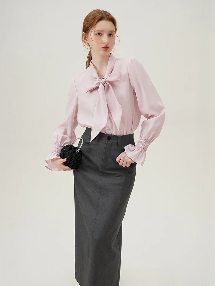 Chemise à nœud papillon français pour femme rose et noire, coupe ample et décontractée - NGSHOP-ONE