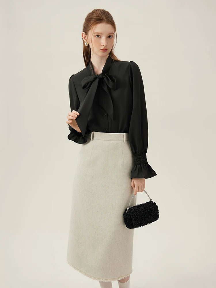 Chemise à nœud papillon français pour femme rose et noire, coupe ample et décontractée - NGSHOP-ONE