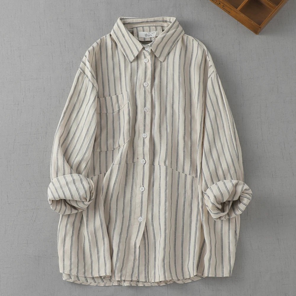 Chemise en lin à rayures, style japonais décontracté, manches longues. - NGSHOP-ONE