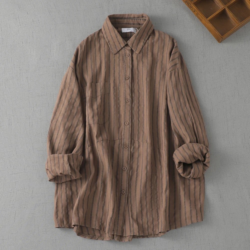 Chemise en lin à rayures, style japonais décontracté, manches longues. - NGSHOP-ONE