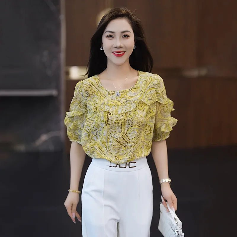 Chemisier en mousseline à manches courtes pour femme, coupe ample, simple et polyvalente. - NGSHOP-ONE