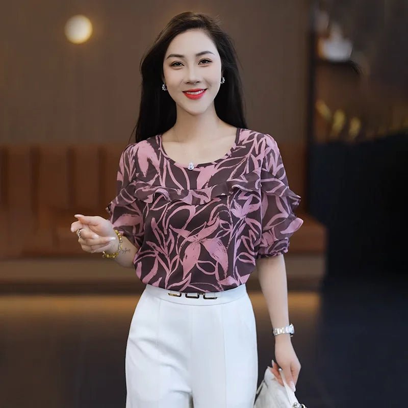 Chemisier en mousseline à manches courtes pour femme, coupe ample, simple et polyvalente. - NGSHOP-ONE