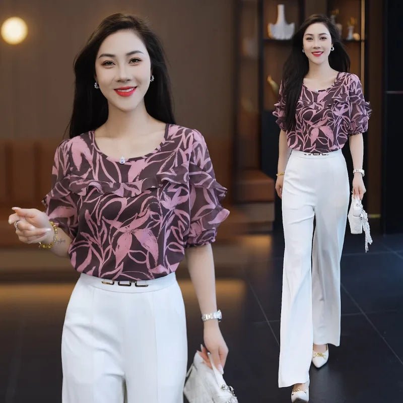 Chemisier en mousseline à manches courtes pour femme, coupe ample, simple et polyvalente. - NGSHOP-ONE