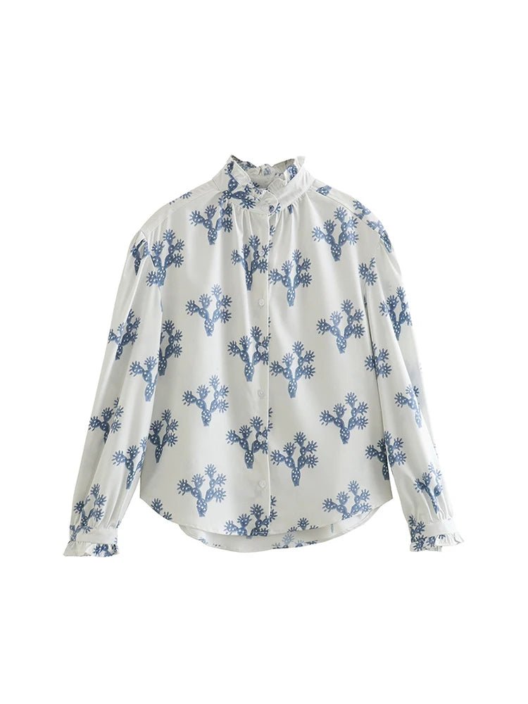 Chemises à boutons imprimées pour femmes, col montant, style streetwear décontracté. - NGSHOP-ONE