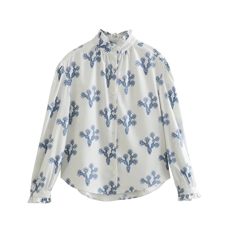 Chemises à boutons imprimées pour femmes, col montant, style streetwear décontracté. - NGSHOP-ONE