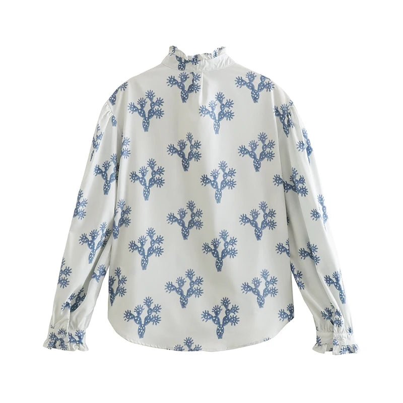 Chemises à boutons imprimées pour femmes, col montant, style streetwear décontracté. - NGSHOP-ONE