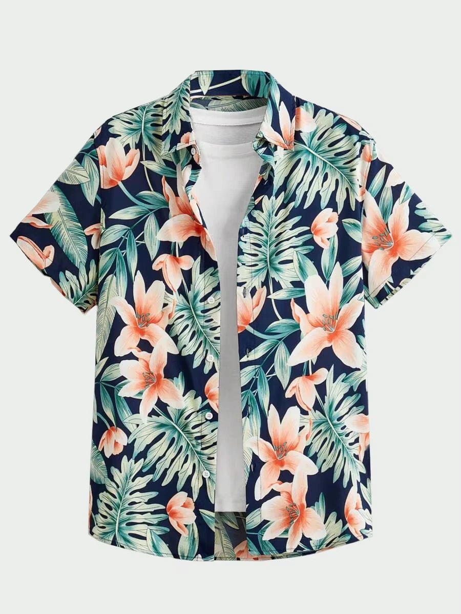 Chemises hawaïennes pour hommes imprimées de fleurs botaniques , à revers et boutons. - NGSHOP-ONE