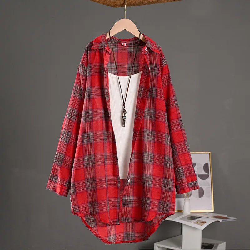 Chemisiers en lin pour femme vintage à carreaux à manches longues - NGSHOP-ONE