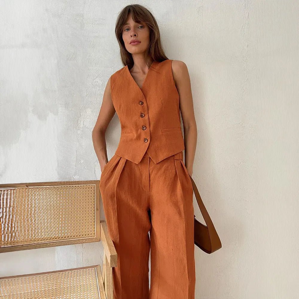 Ensemble gilet et pantalon large en mélange coton et lin, idéal pour le printemps et l'été. - NGSHOP-ONE