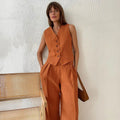 Ensemble gilet et pantalon large en mélange coton et lin, idéal pour le printemps et l'été. - NGSHOP-ONE