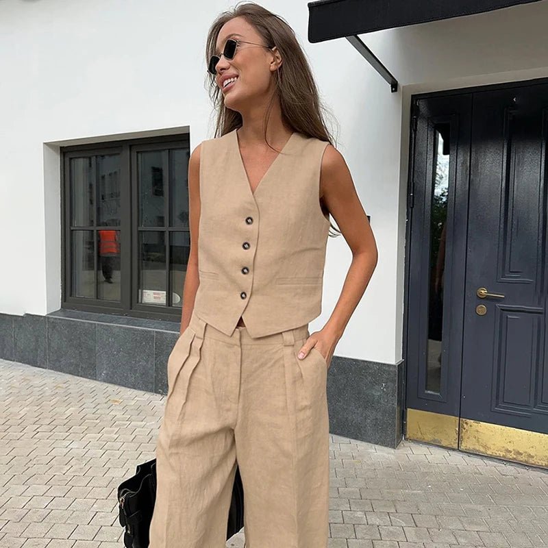 Ensemble gilet et pantalon large en mélange coton et lin, idéal pour le printemps et l'été. - NGSHOP-ONE