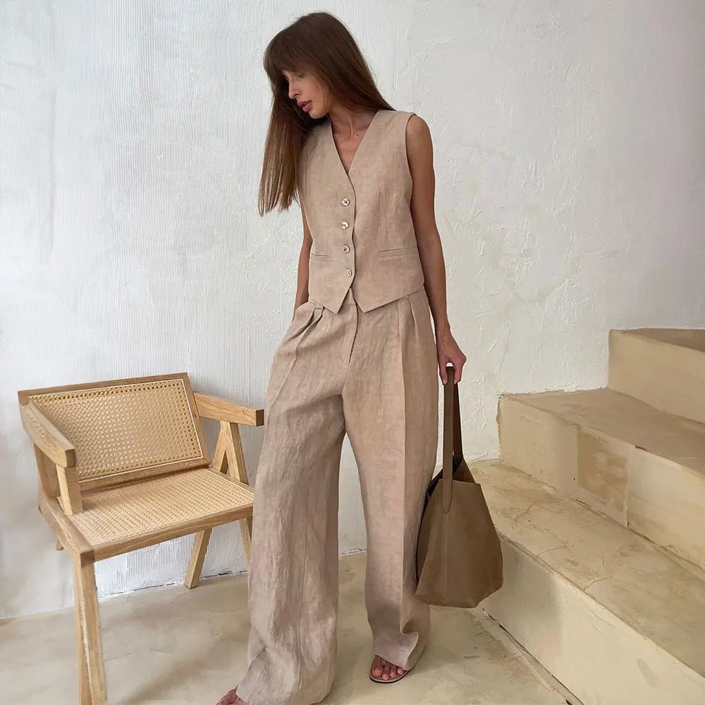 Ensemble gilet et pantalon large en mélange coton et lin, idéal pour le printemps et l'été. - NGSHOP-ONE