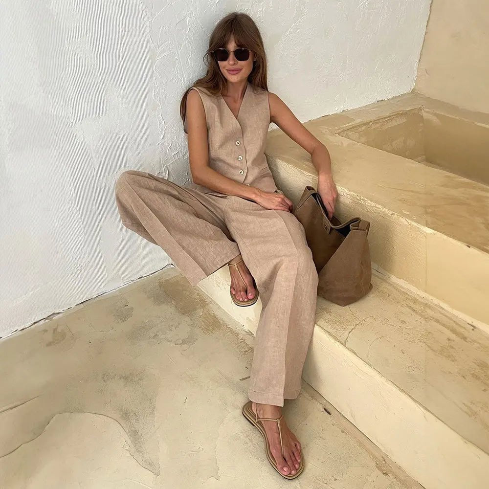 Ensemble gilet et pantalon large en mélange coton et lin, idéal pour le printemps et l'été. - NGSHOP-ONE