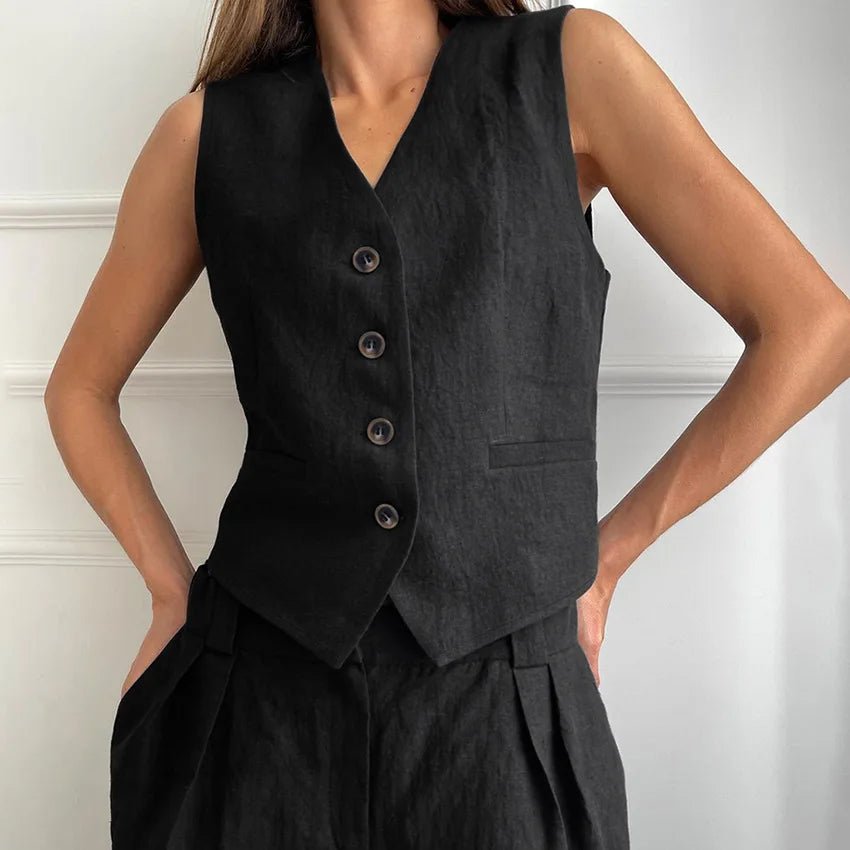 Ensemble gilet et pantalon large en mélange coton et lin, idéal pour le printemps et l'été. - NGSHOP-ONE