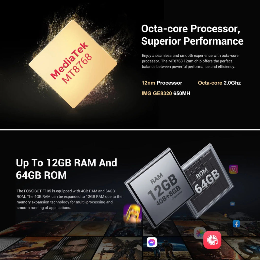 Smartphone robuste FOSSiBOT F105 Android 14,12 Go + 64 Go, écran HD+IPS 6,745", appareil photo 20 MP - NGSHOP-ONE