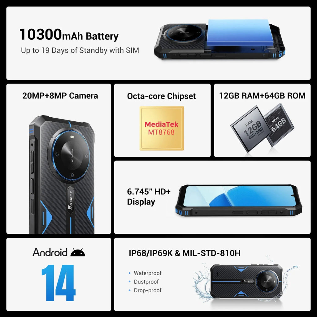 Smartphone robuste FOSSiBOT F105 Android 14,12 Go + 64 Go, écran HD+IPS 6,745", appareil photo 20 MP - NGSHOP-ONE