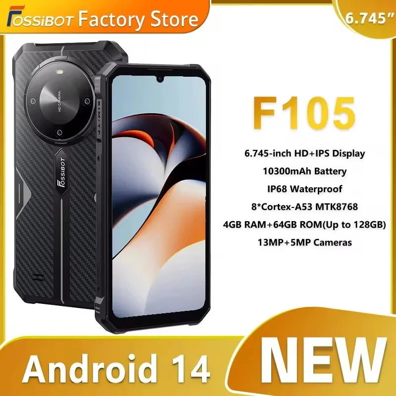 Smartphone robuste FOSSiBOT F105 Android 14,12 Go + 64 Go, écran HD+IPS 6,745", appareil photo 20 MP - NGSHOP-ONE