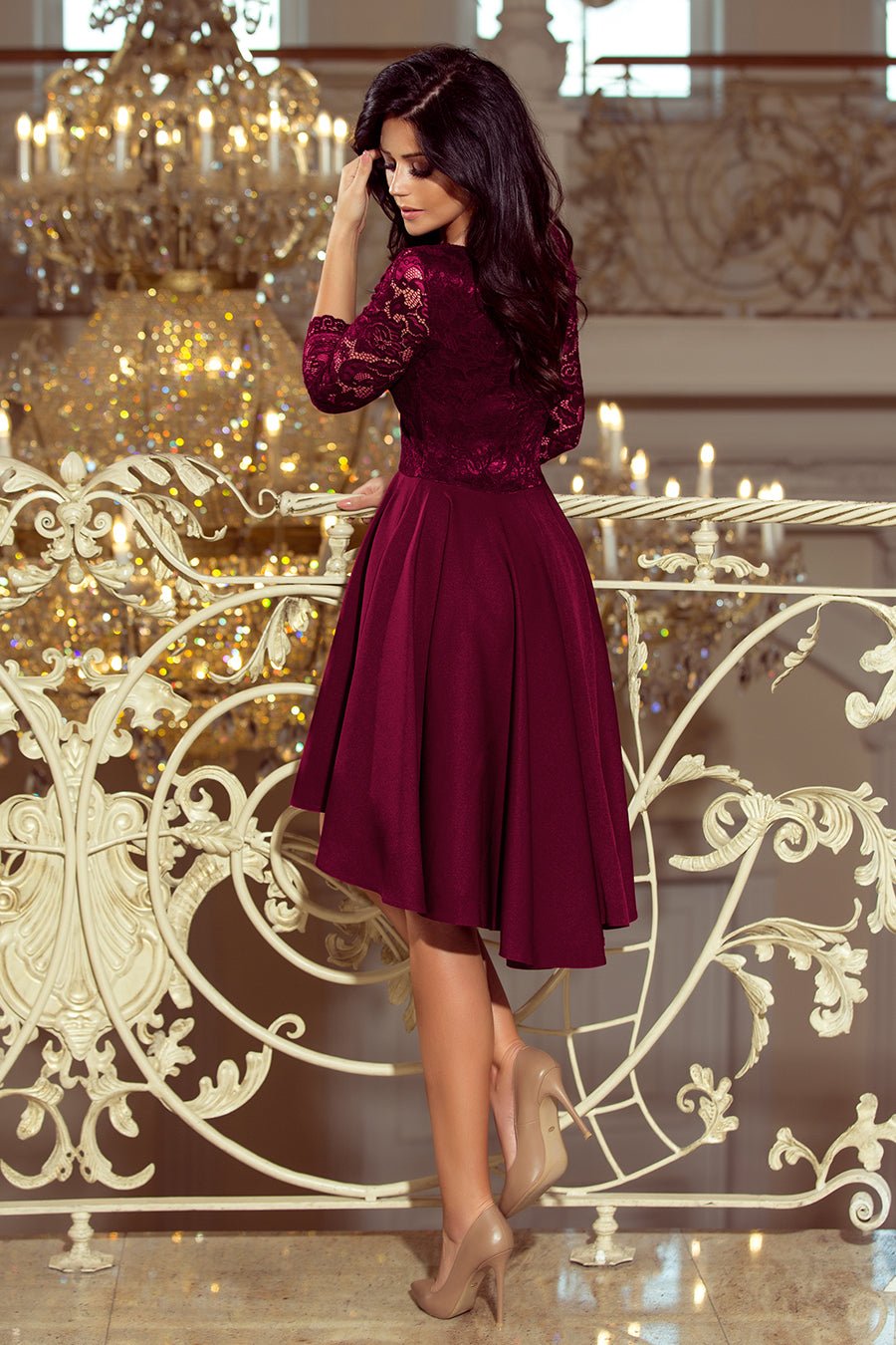 Robe dos plus long avec encolure en dentelle - prune - NGSHOP-ONE