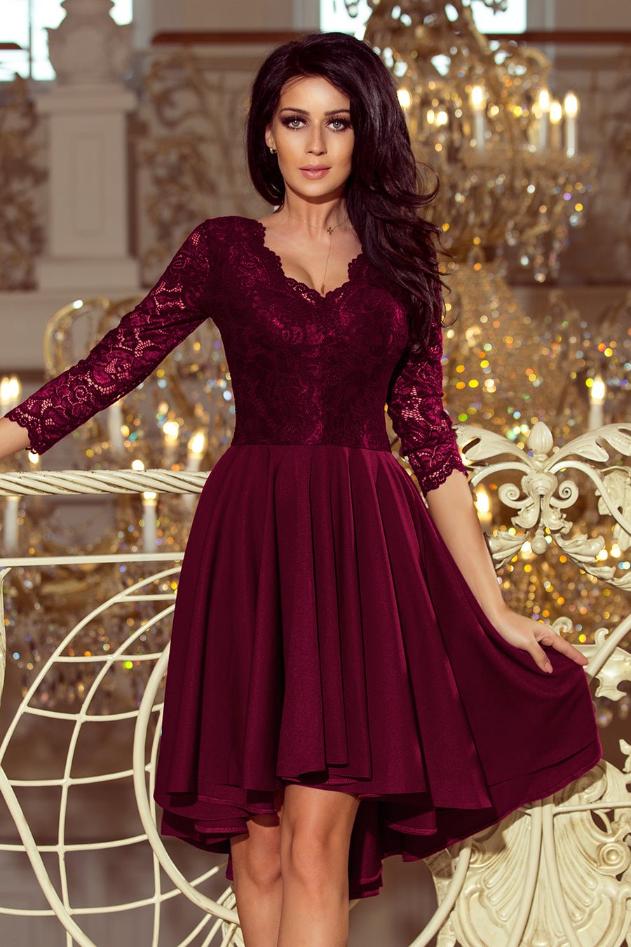 Robe dos plus long avec encolure en dentelle - prune - NGSHOP-ONE