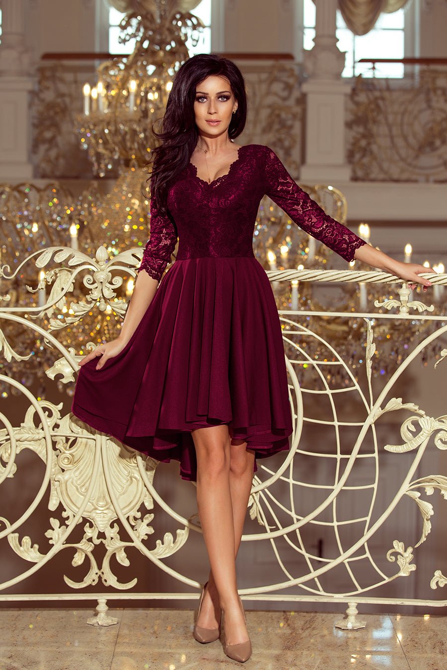 Robe dos plus long avec encolure en dentelle - prune - NGSHOP-ONE