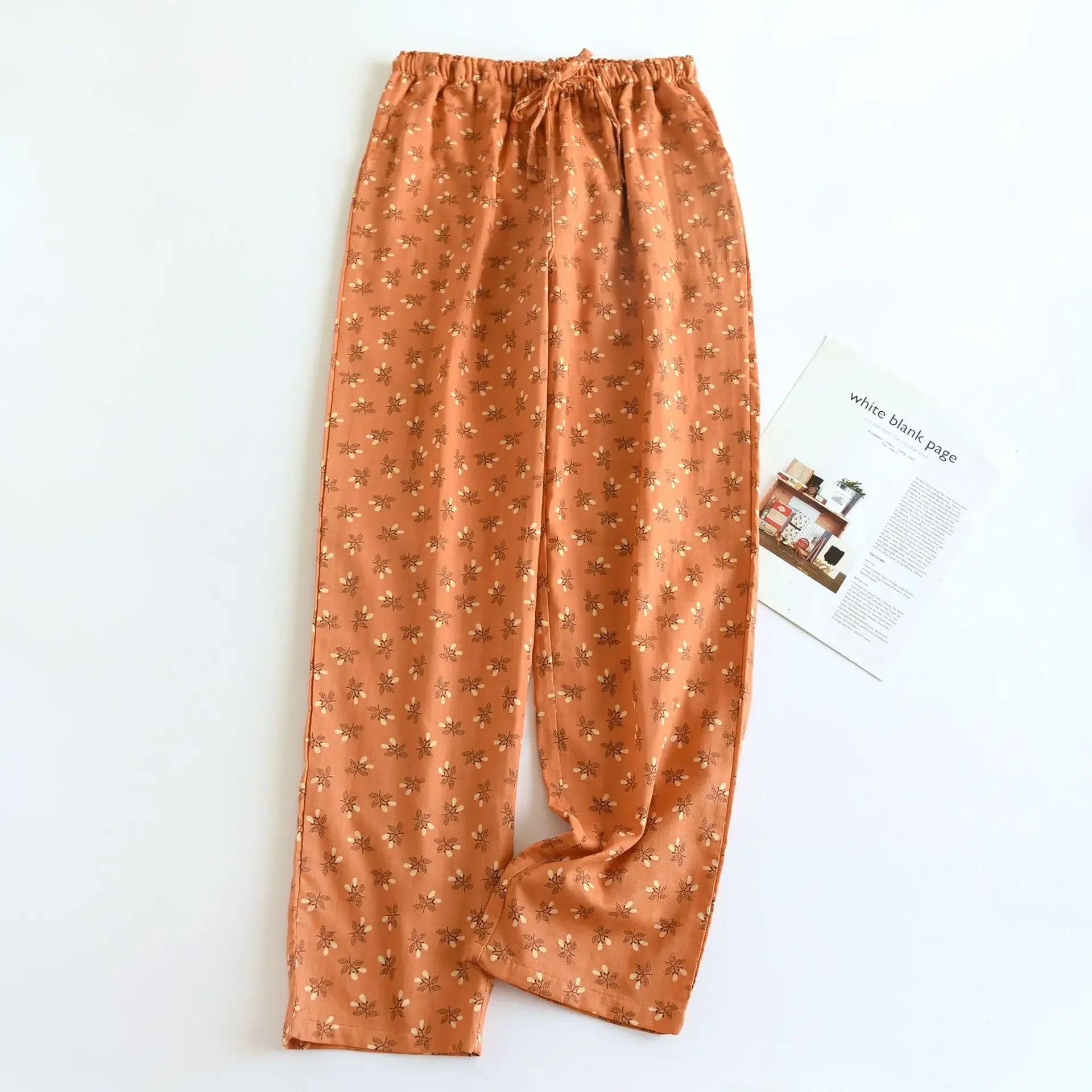Pantalon de pyjama femme en double gaze 100% coton, imprimé floral, coupe ample et respirante. - NGSHOP-ONE
