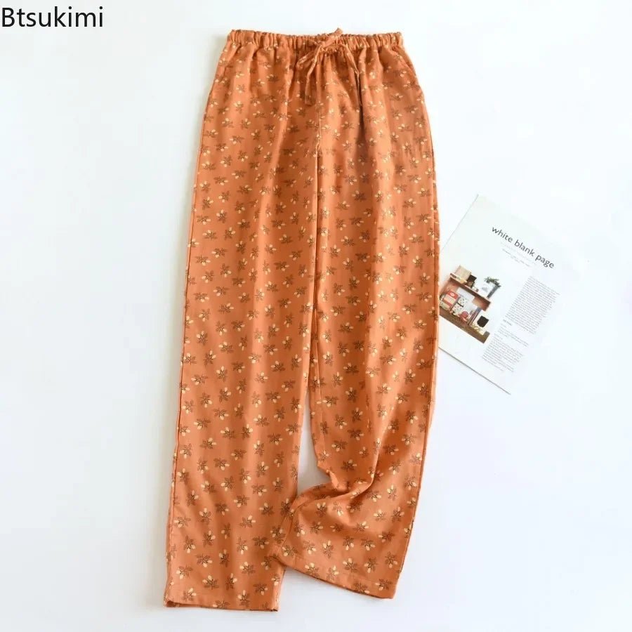Pantalon de pyjama femme en double gaze 100% coton, imprimé floral, coupe ample et respirante. - NGSHOP-ONE