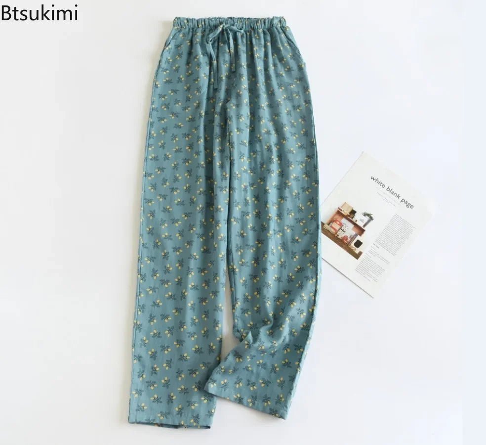 Pantalon de pyjama femme en double gaze 100% coton, imprimé floral, coupe ample et respirante. - NGSHOP-ONE